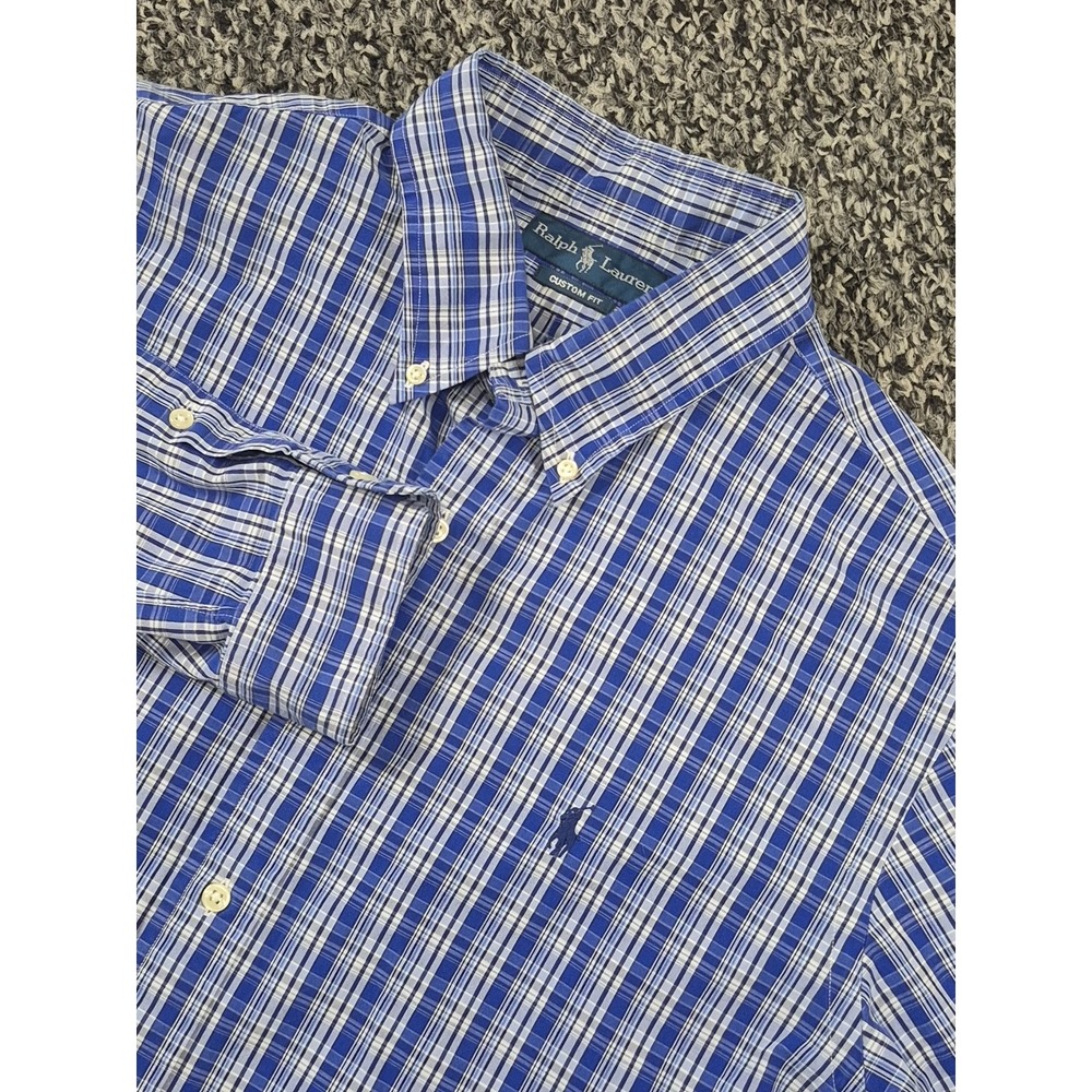 Ralph Lauren Custom‎ Fit Button Down Shirt Mens XL Blue Plaid Long Sleeve